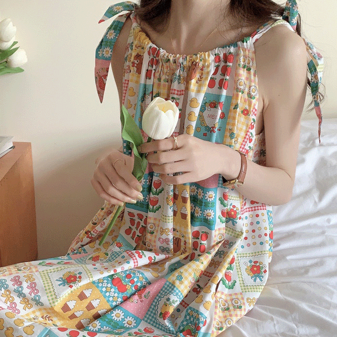 여성 원피스잠옷 여름 민소매 상큼애플 홈웨어 파자마